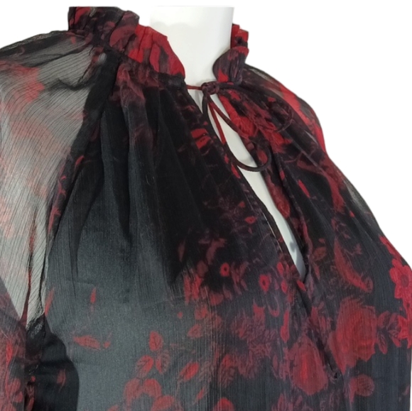 NWOT H&M Red & Black Floral Georgette / Spring Dress & Sheer Long Sleeves Size 8 - Picture 5 of 10